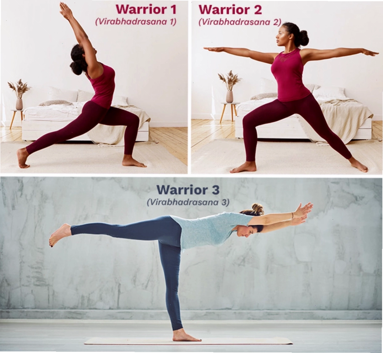 Ba biến thể của Warrior Pose được minh họa cạnh nhau