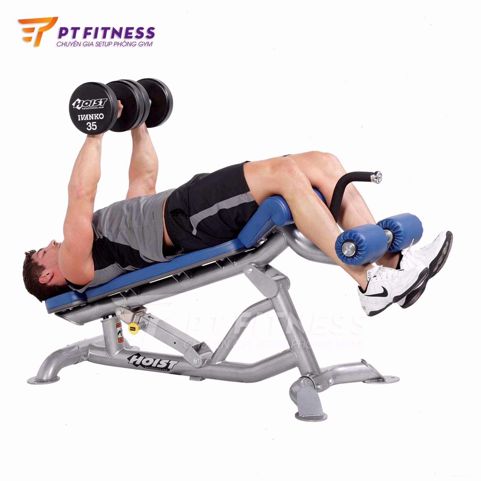 Bài tập đẩy tạ với ghế tập bụng