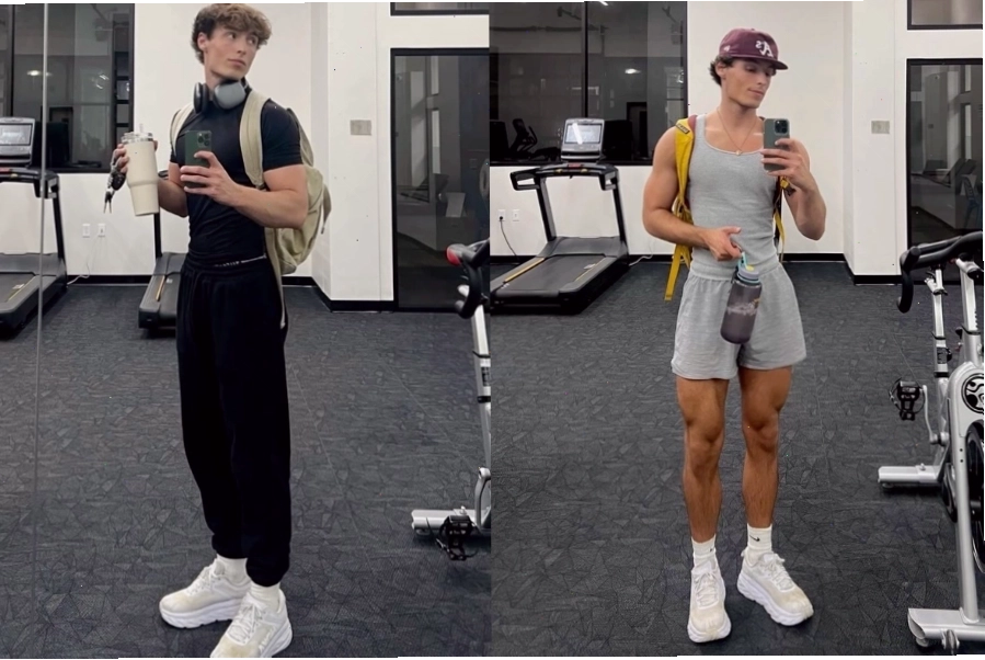 Chàng trai đeo balo tạo dáng chụp ảnh trong phòng gym