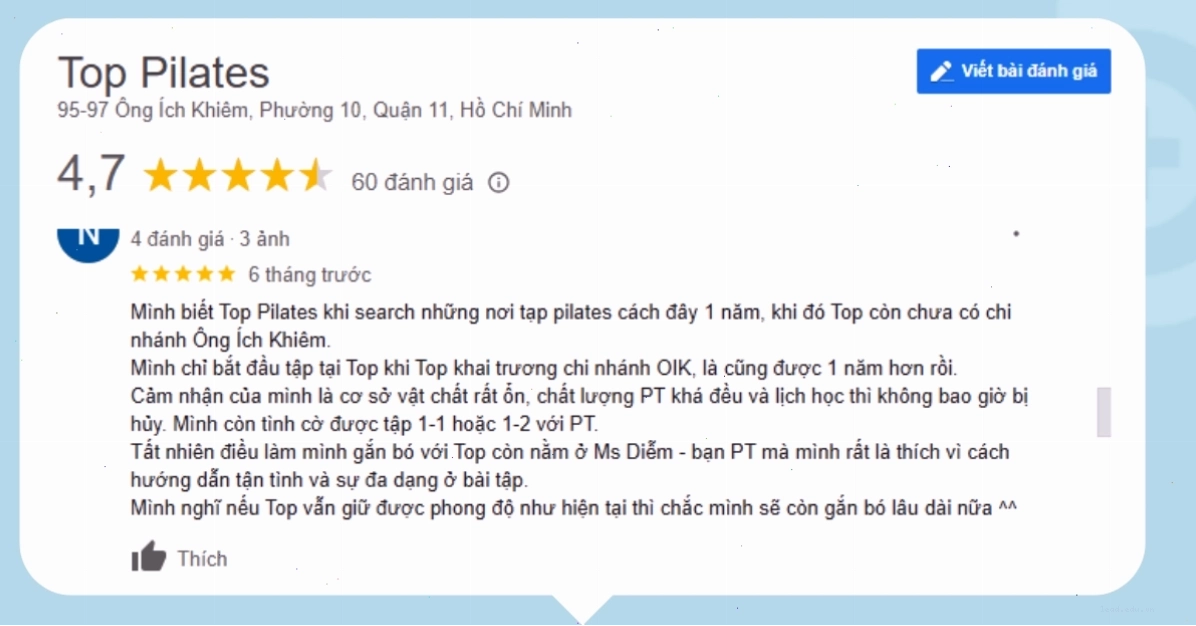 Đánh giá tích cực từ khách hàng về chất lượng lớp học tại Top Pilates