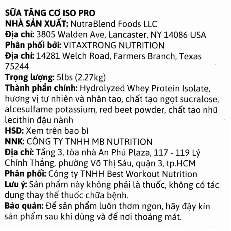 Iso Pro Hydrolyzed Whey Isolate 5lbs - Thương hiệu VitaXtrong