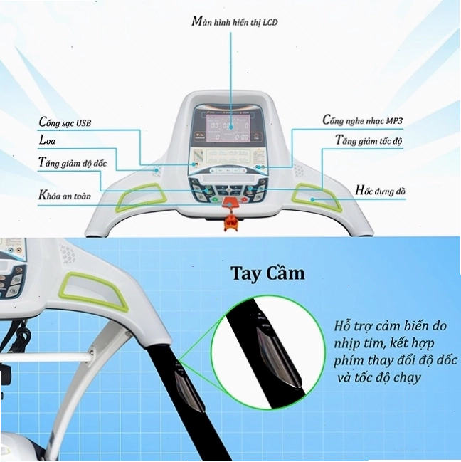 Màn hình hiển thị và tay cầm gắn cảm biến nhịp tim của máy chạy bộ PT2311