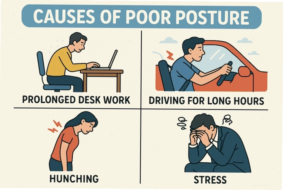Minh họa các nguyên nhân gây ra tư thế xấu trong cuộc sống hiện đại