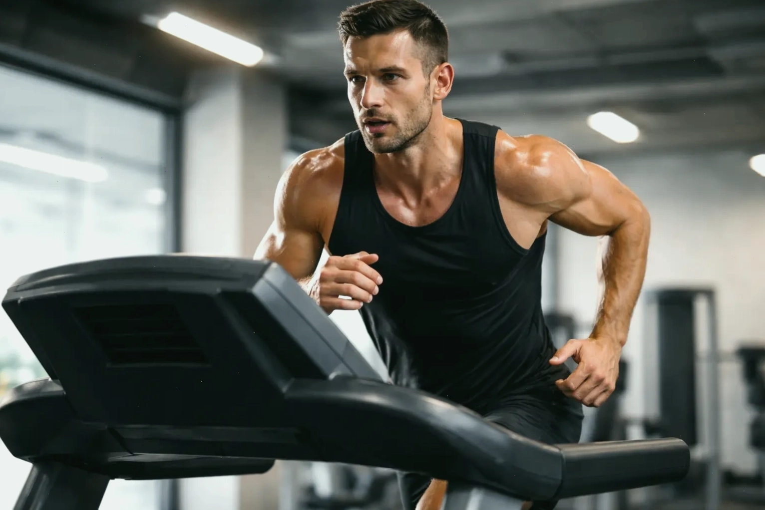 Người đàn ông cơ bắp đang chạy trên máy chạy bộ trong phòng tập thể dục