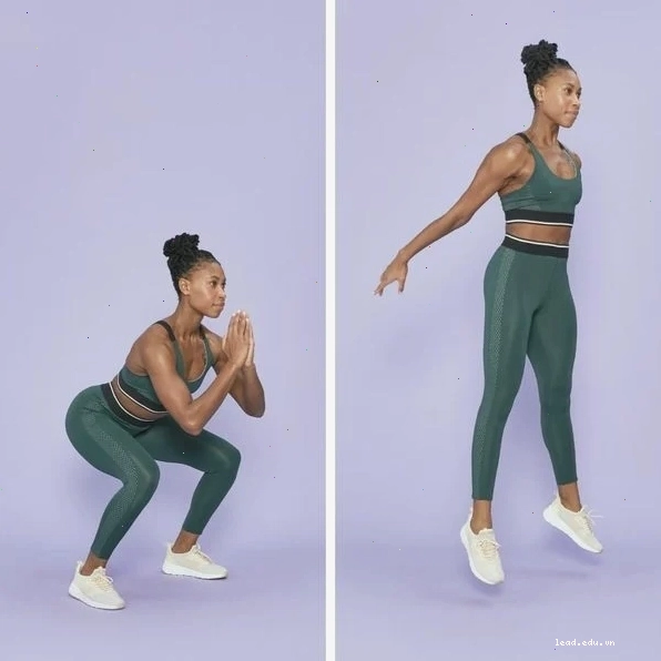 Người tập thực hiện động tác squat jumps với tư thế chuẩn bị bật nhảy