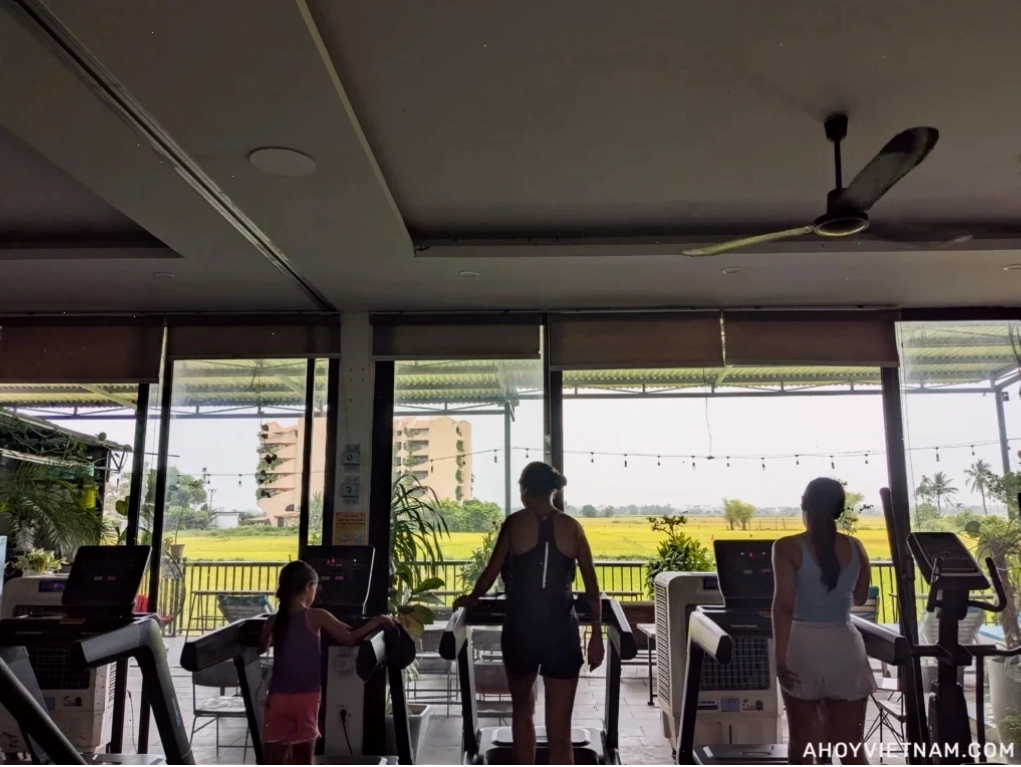 Người tập trên máy chạy bộ nhìn ra cánh đồng lúa tại HealthFit Gym ở Hội An